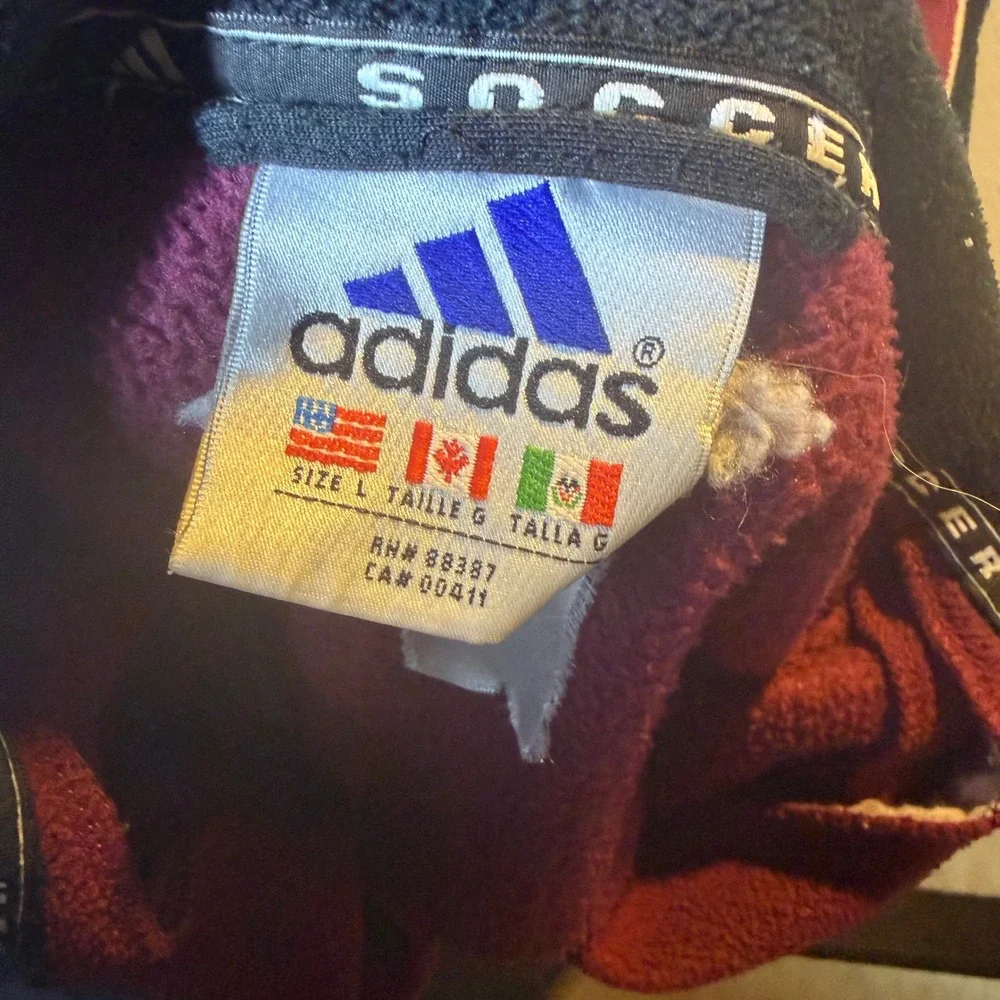 Vintage Adidas Soccer Fleece Jacket Maroon Black Full Zip Mens Large Retro 90s